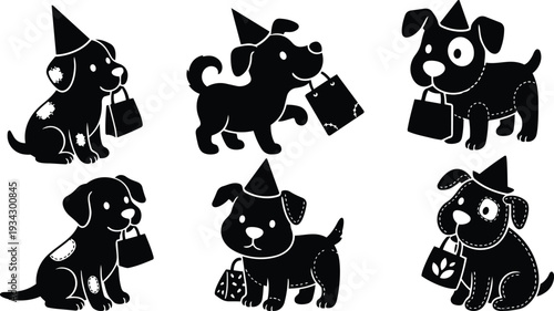 Playful vector art six puppy icons wearing party hats holding shopping bags close up in stitched silhouette style set on white background festive mood minimalist friendly