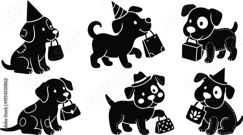 Cute stitched puppy icons set six playful dogs holding gift bags and wearing party hats close up flat vector art black silhouettes playful cheerful collection