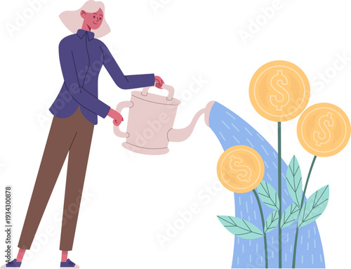Woman watering money plants growing financial investment