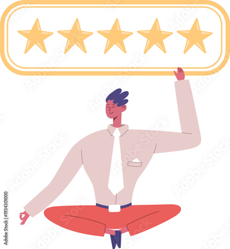 Businessman meditating holding five star excellent rating