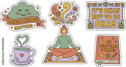 Four cheerful cartoon stickers promoting self-care and positivity with comforting messages