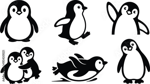 Cute minimalist vector penguin icon set six playful poses including waving hugging swimming walking looking at camera side view flat monochrome silhouette isolated rounded friendly shapes