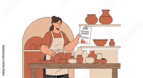 Pottery Artist Holding Market Sign at Workshop with Ceramic Vases