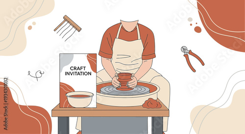 Pottery Artist Making Ceramic Bowl on Wheel, Craft Invitation Concept