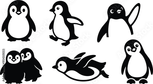 Cute flat design penguin icon set showing standing walking sliding swimming hugging chicks and waving bird characters in simple black and white silhouette vector art playful
