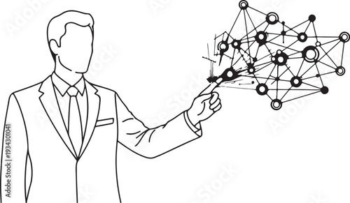 "Artificial intelligence vector illustration showing businessperson interacting with neural network connections symbolizing machine learning, data visualization, and digital transformation"