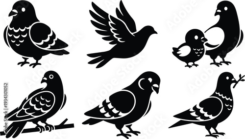Minimalist vector art close up pigeon and dove icons set six poses including flying perched feeding parent and chick side view flat design black silhouette simple