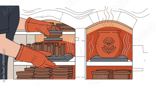 Pottery Firing in Kiln: Loading and Fired Ceramic