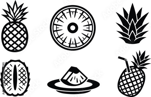 Minimalist vector art pineapple icon set six views close up slice top crown whole fruit halved tropical drink with straw plate wedge flat black silhouette isolated