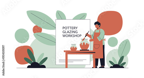 Pottery Glazing Workshop Illustration: Man Decorating Ceramic Vase