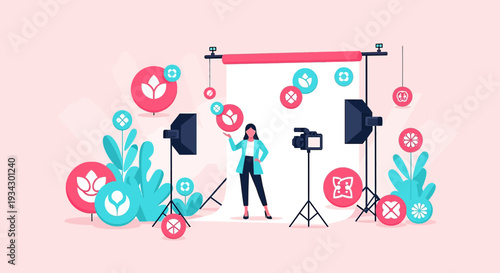 Professional Photoshoot: Model, Camera, Lights, and Floral Decor