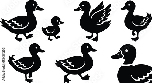 Minimalist vector art close up row of seven black duck silhouettes in various poses walking swimming flapping wings with one duckling and side profile playful simple