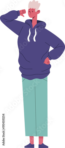 Young person expressing disapproval with thumbs down gesture