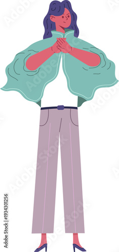 Woman standing with hands clasped showing gratitude