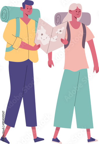 Couple of travelers walking and reading map