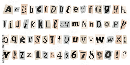Alphabet letters cut out from old newspapers. Font for collages, scrapbooking and ransom notes. Uppercase and lowercase letters, numbers, punctuation symbols.