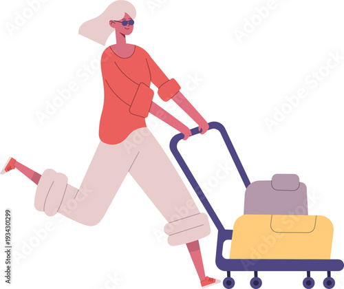 Woman running fast pushing luggage on wheels