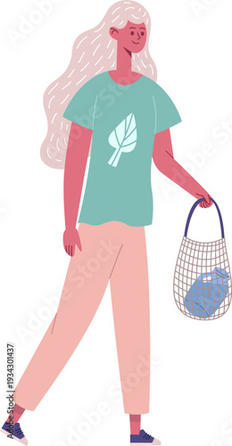Woman walking with reusable net shopping bag and leaf shirt