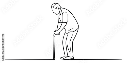 Minimalist line art illustration of elderly man with walking cane