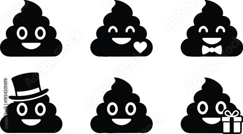 Flat vector icon set close up six smiling poop emoji faces front facing variations heart bow tie top hat gift on white background playful minimalist monochrome