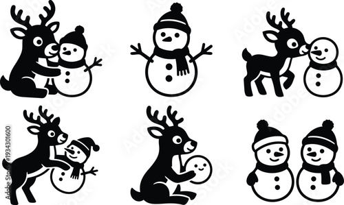 Minimalist vector icon set playful reindeer interacting with snowman in multiple poses close up side view flat design black silhouette christmas winter festive friendly cute cartoon