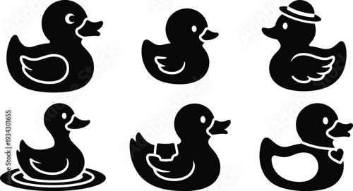Minimalist vector icon set six rubber duck silhouettes front and side profiles one with hat one with heart close up flat design simple playful bath toys