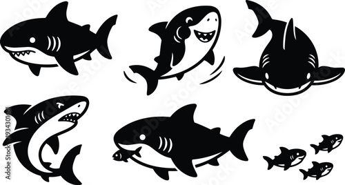 Minimalist vector art side view and front view shark icons showing jumping biting and swimming poses with small fish companion school bold monochrome clip art mockup