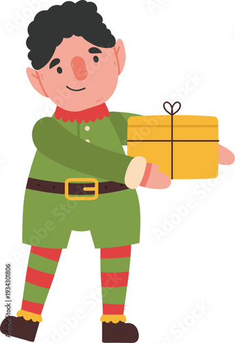Christmas elf presenting a holiday gift box