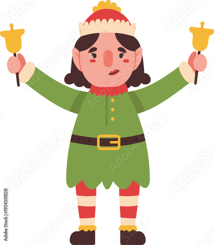 Christmas elf ringing bells in holiday green costume
