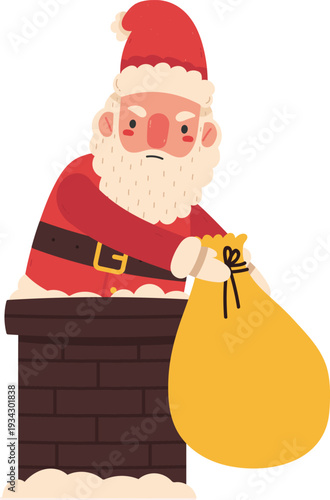 Santa Claus grumpy face emerging from chimney holding gift sack