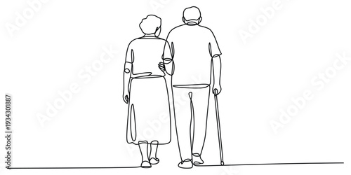 Minimalist continuous line drawing of elderly couple walking together