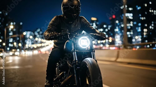 Motorcycle rider cruising city streets at night