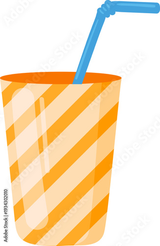 Striped beverage glass with blue drinking straw