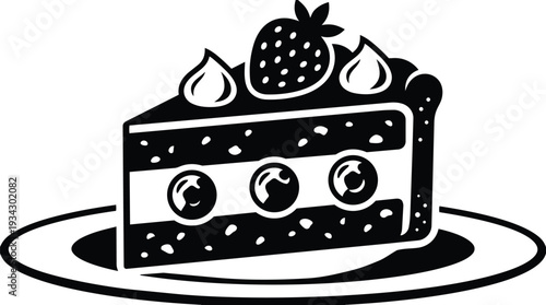 Minimalist black and white vector cake slice with strawberry and cream topping on plate side view close up bakery dessert icon flat design minimal line art
