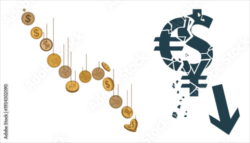 Illustration of falling coins and a broken dollar sign symbolizing economic decline and financial loss.