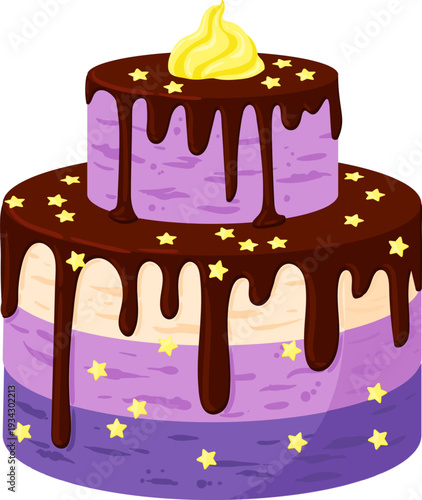 Two tier cake with chocolate drip and star sprinkles