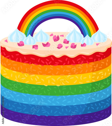 Rainbow cake with layered colors, frosting, and a rainbow arch