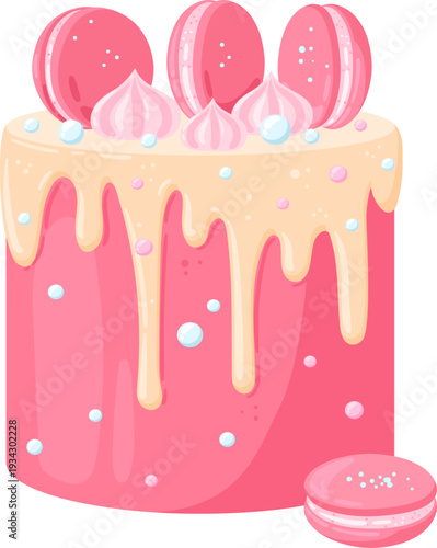 Pink dripping cake with macarons celebrating a party event