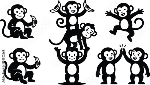 Flat design playful monkey characters stacked holding bananas high five jumping sitting waving in simple black silhouette vector art mockup png svg smiling facing forward cute