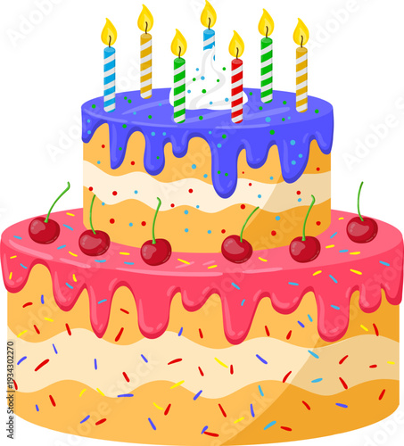 Two tier birthday cake with lit candles and sprinkles