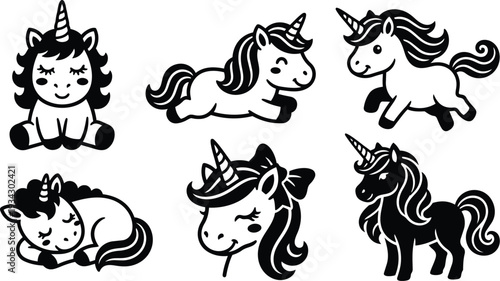 Minimalist vector art unicorn icons set showing six cute baby unicorn poses sleeping jumping trotting prancing close up head with bow playful black silhouette side view