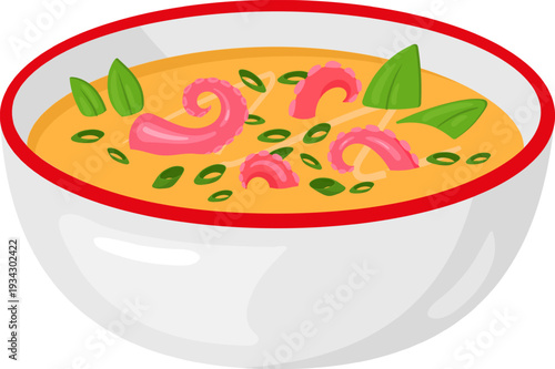 Bowl of seafood soup with octopus tentacles