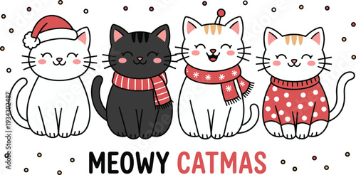 Meowy Catmas Christmas cat illustration, cute kawaii kittens in winter scarf and Santa hat cartoon design for holiday shirt, mug, sticker and printable art