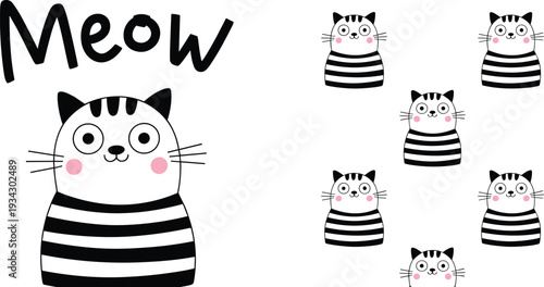 Minimalist meow cat illustration set, black and white striped kitten design for nursery wall art, printable poster, shirt graphic and modern decor