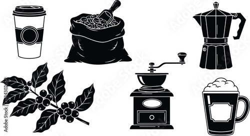 Minimalist vector coffee icon set close up coffee cup bag grinder moka pot coffee branch beans steaming mug side view black silhouette flat design detailed linework