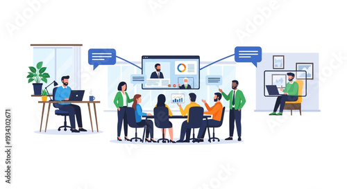 Hybrid Team Meeting: Colleagues Collaborating Remotely and In-Office via Video Conference Technology