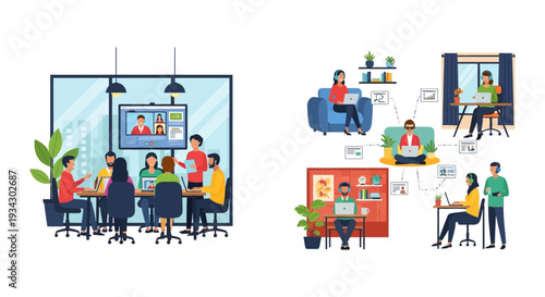 Hybrid Work Model: Office Team Collaborating with Remote Employees via Video Conference, Showcasing Modern Flexible Workplaces