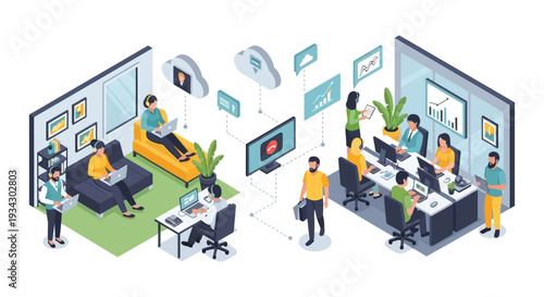 Hybrid Work Environment and Remote Team Collaboration: Modern Business Connecting In-Office and Telecommuting Workers via Cloud & Digital Tools