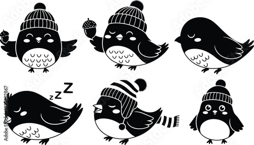 Cute winter bird characters in vector art wearing knitted beanies holding acorn flying sleeping and standing in playful poses close up flat design black silhouette style