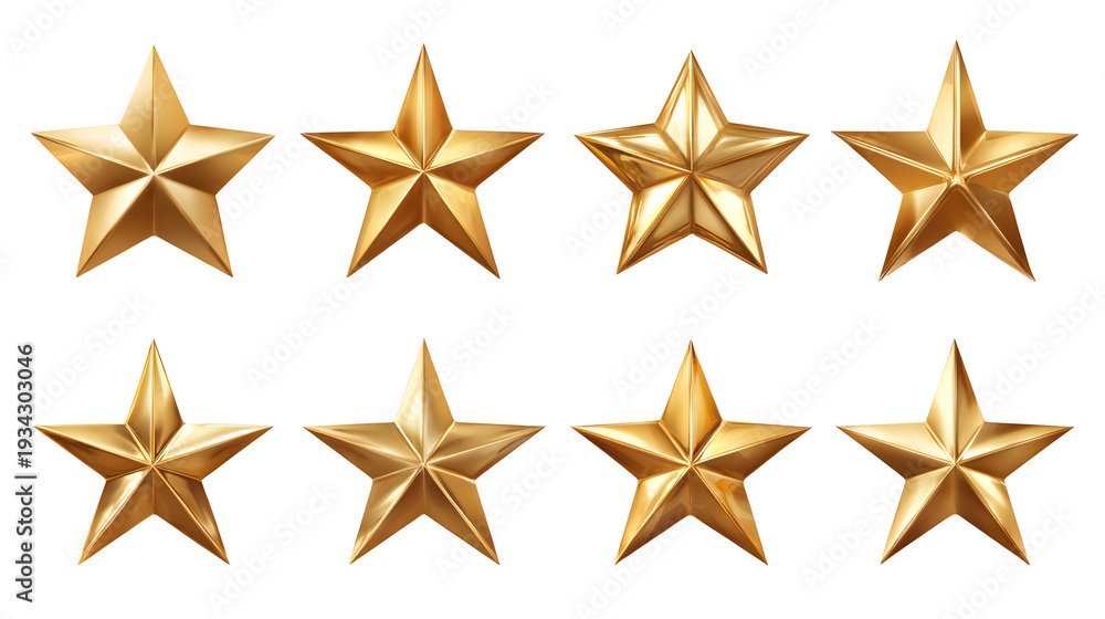 Obraz premium Ultra realistic HD golden star collection with metallic shine, isolated on white background